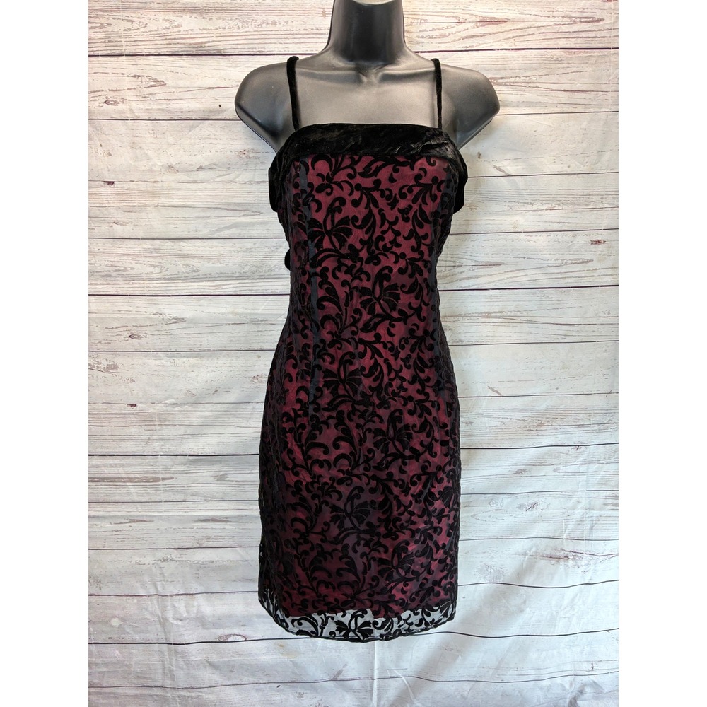 Vintage Y2K Velvet Lace Burnout Cocktail Dress Women 6 Red Black Whimsigoth Bow